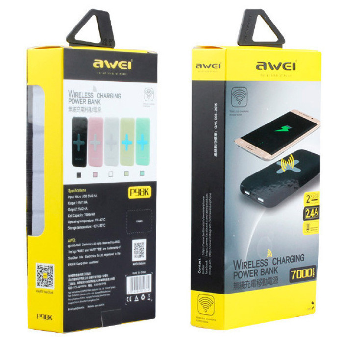 Power Bank AWEI P98K (Бездротова зарядка) 8000 mAh. Колір білий