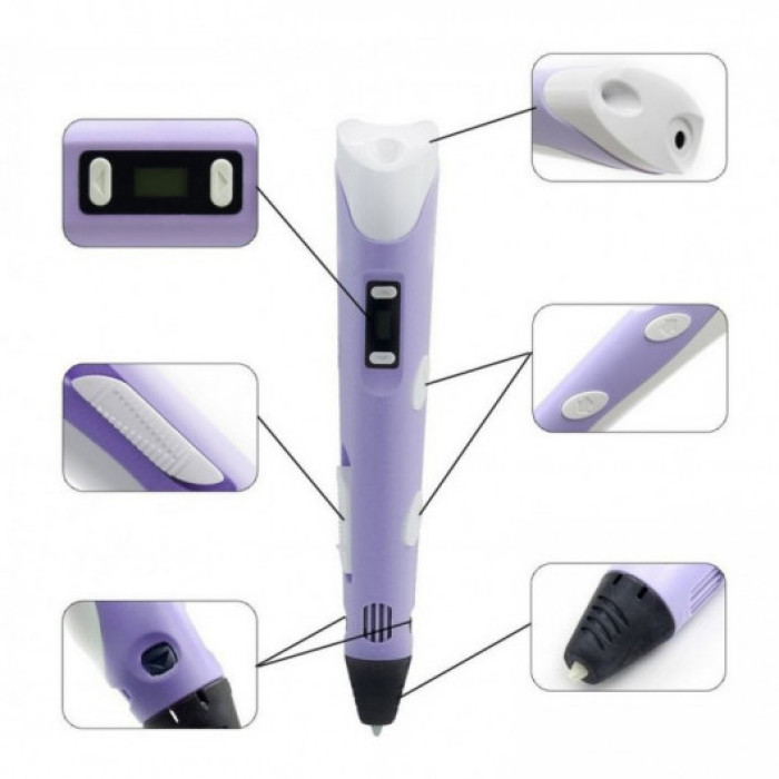 3D ручка Smart 3D Pen 2 c LCD дисплеєм, Ручка для об'ємного малювання, Дитяча 3д ручка. Колір: фіолетовий