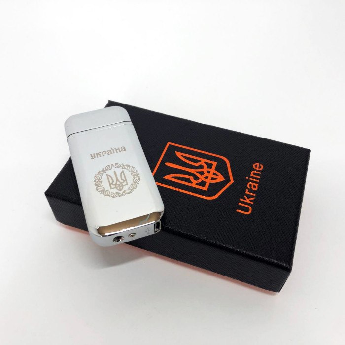 Дугова електроімпульсна запальничка USB Герб України індикатор заряду, ліхтарик HL-442. Колір: срібло