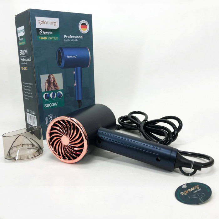 Фен Rainberg RB-2212 8800 W з регуляцією температури та швидкості для сушіння та укладання волосся. Колір: синій