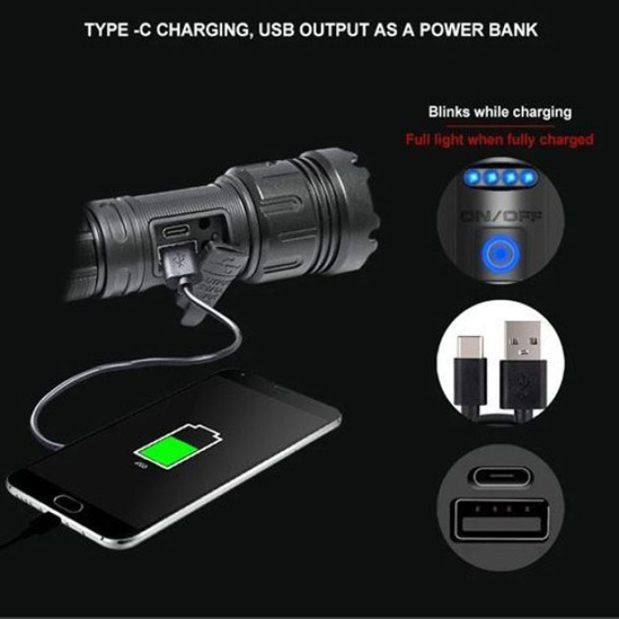 Ліхтар ручний WH01-L2-COB power bank, Ліхтарик світлодіодний ручний акумуляторний портативний