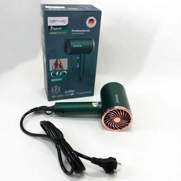 Фен Rainberg RB-2212 8800 W з регуляцією температури та швидкості для сушіння та укладання волосся. Колір: зелений