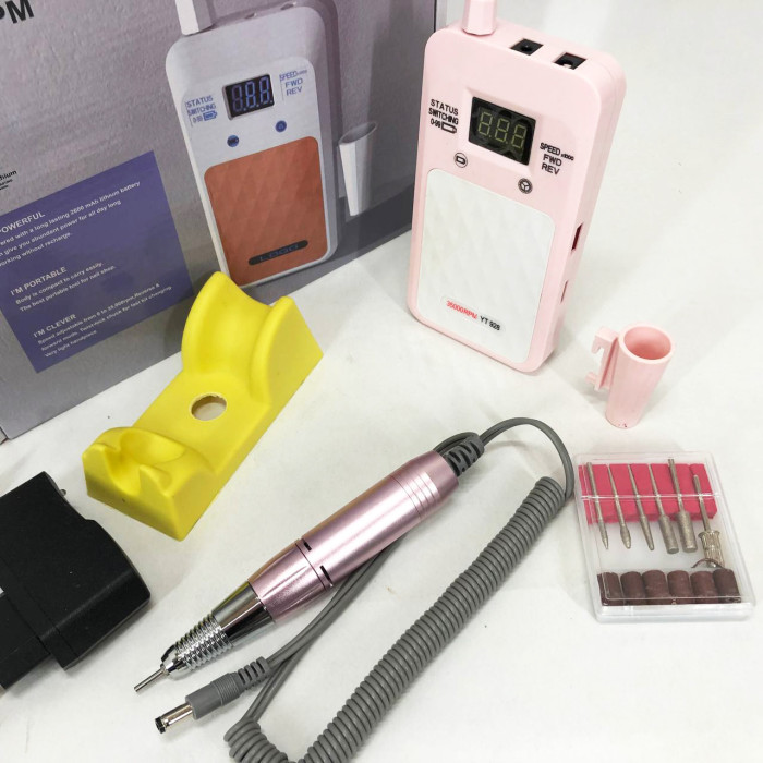 Портативний фрезер для нігтів Nail Drill YT-928 акумуляторний з індикатором заряду на 35 000 оборотів. Колір: рожевий