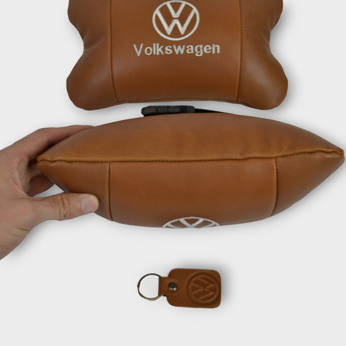 Набір подушок 2шт для автомобіля Volkswagen, з натуральної коричневої шкіри. Подушки на підголовник