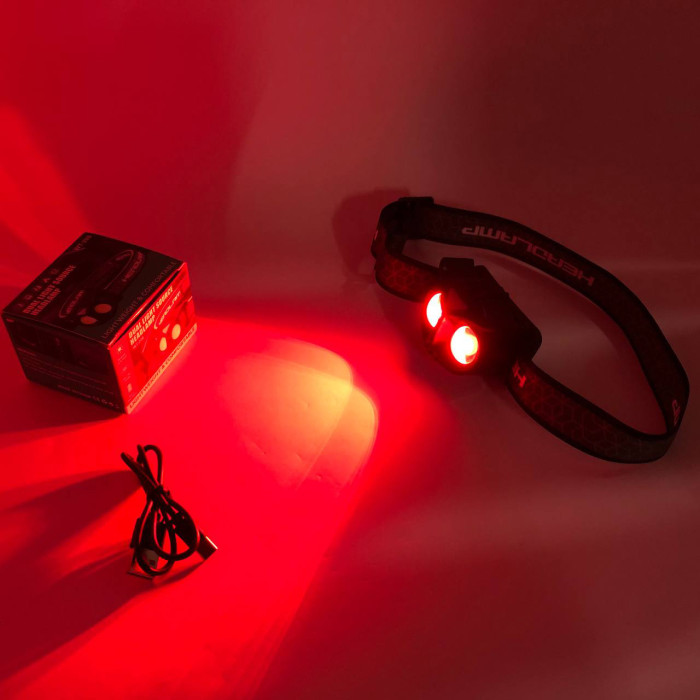 Ліхтар налобний WT208 2COB, білий, червоний, Налібний ліхтарик з usb зарядкою, Водонепроникний ліхтарик
