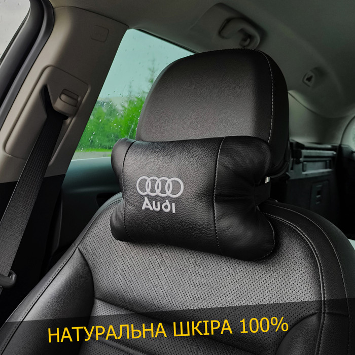 Набір автодушки 2шт на підголовник Audi / Ауді з натуральної шкіри чорна / Підголовник в машину