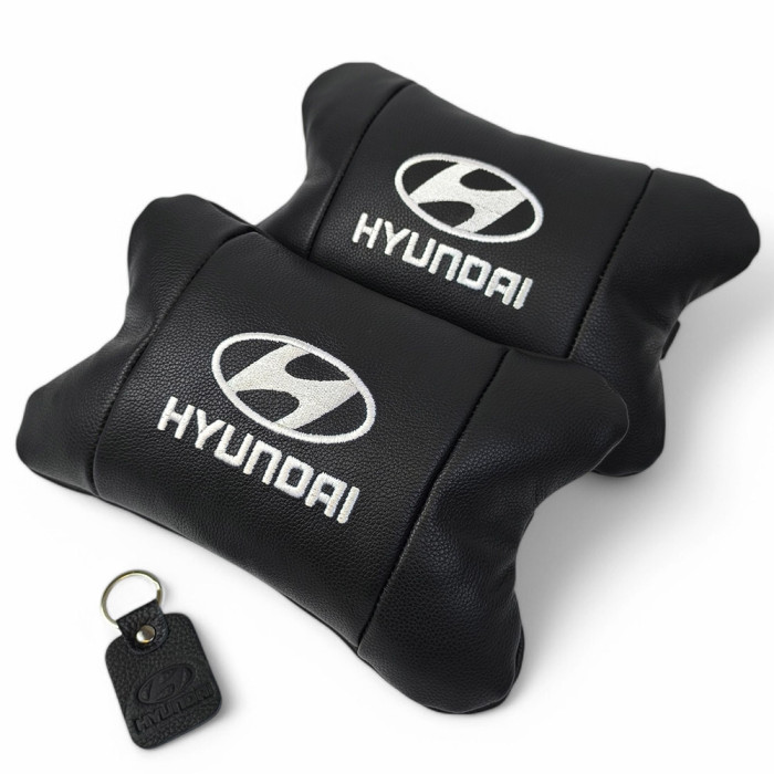 Набір подушок для авто Hyundai 2шт, натуральна шкіра, чорний колір, комфортні підголовники в автомобіль