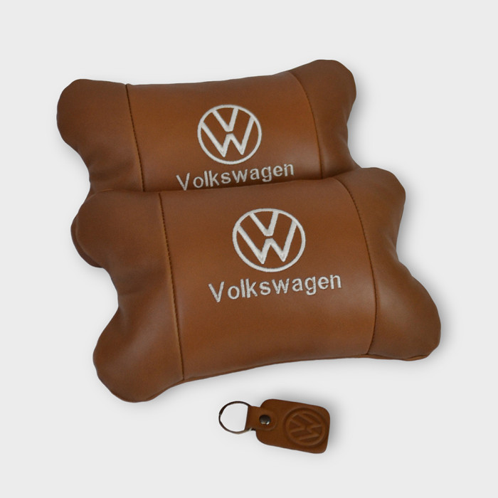 Набір подушок 2шт для автомобіля Volkswagen, з натуральної коричневої шкіри. Подушки на підголовник