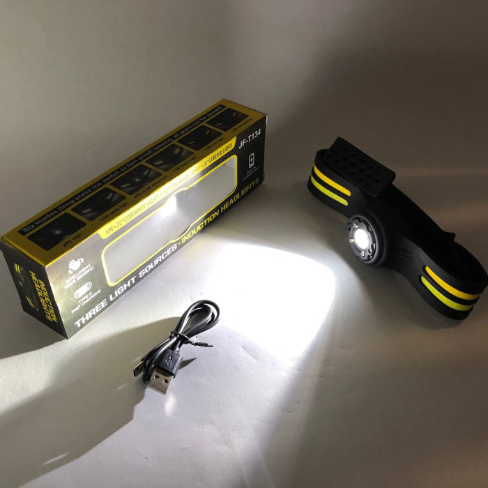 Ліхтар налобний T134-XPE-4COB (white+yellow+red) Motion Sensor, налобний ліхтарик із usb зарядкою