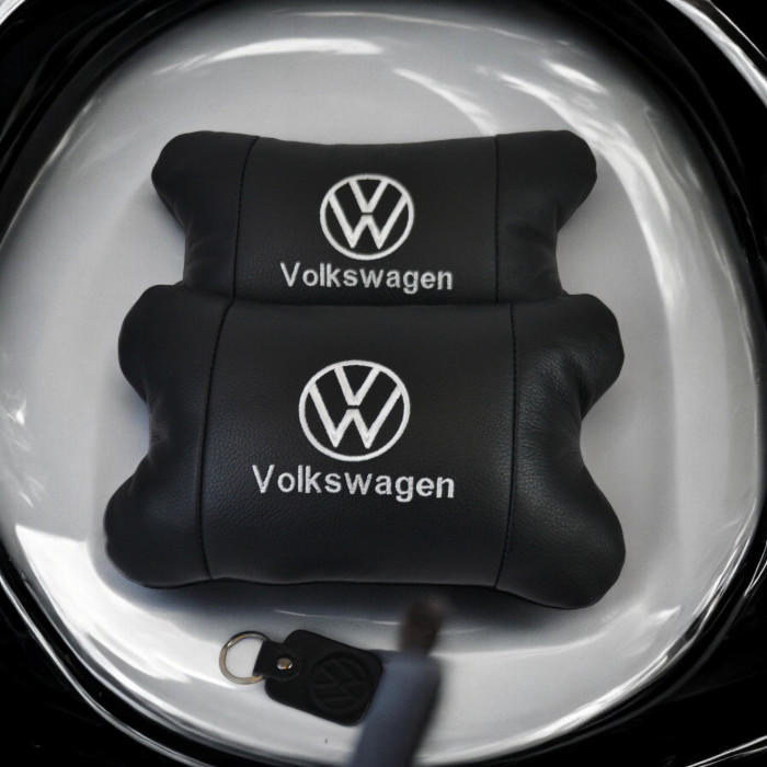 Набір подушок 2шт в авто Volkswagen з натуральної шкіри, на підголовник у машину, Автомобільна подушка
