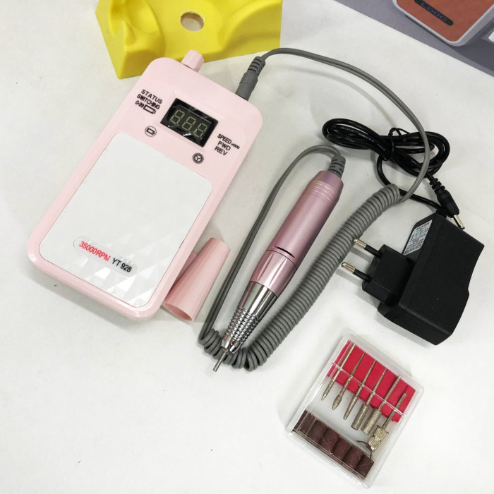 Портативний фрезер для нігтів Nail Drill YT-928 акумуляторний з індикатором заряду на 35 000 оборотів. Колір: рожевий