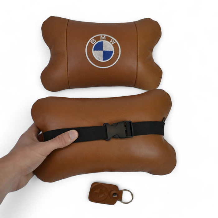 Комплект автоподушок 2шт з натуральної коричневої шкіри для BMW. Ортопедична подушка в авто БМВ