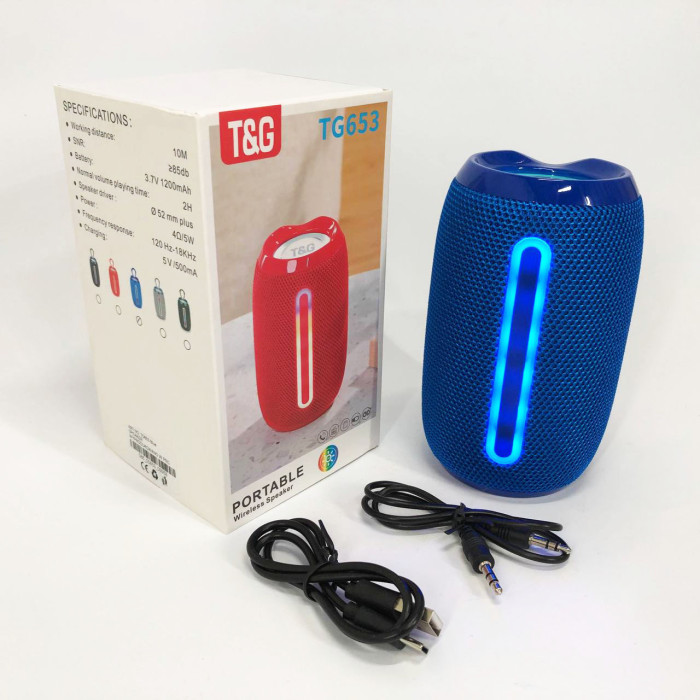 Портативна Bluetooth-колонка TG653 USB з ремінцем, Бездротова колонка портативна потужна. Колір: синій