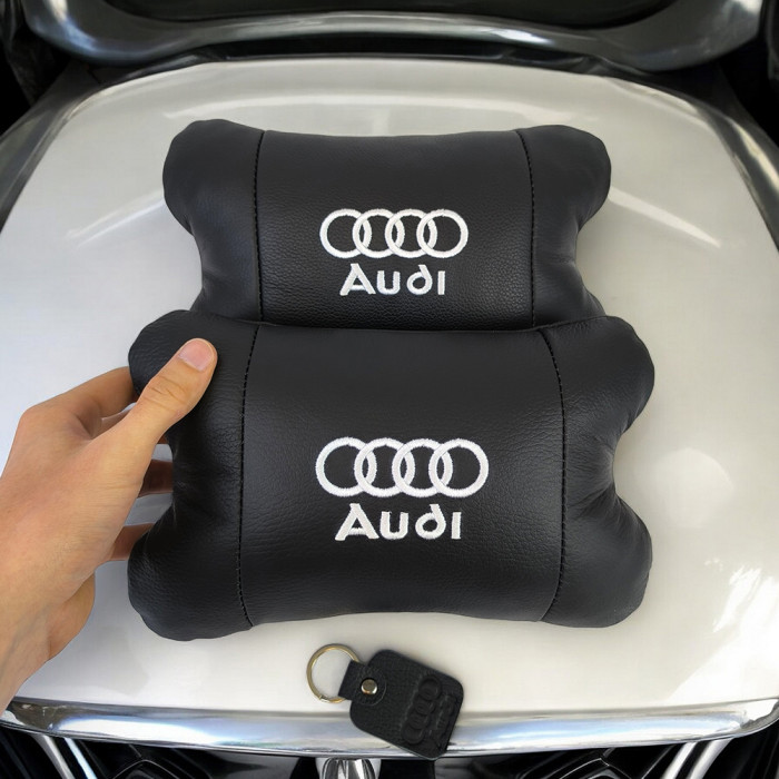 Набір автодушки 2шт на підголовник Audi / Ауді з натуральної шкіри чорна / Підголовник в машину