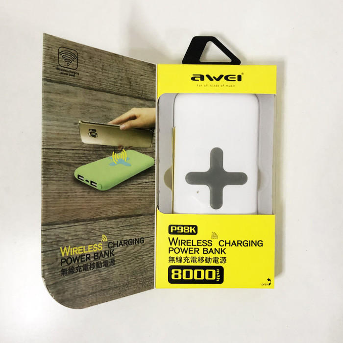 Power Bank AWEI P98K (Бездротова зарядка) 8000 mAh. Колір білий