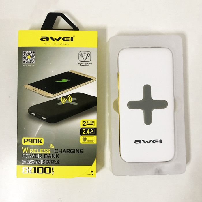 Power Bank AWEI P98K (Бездротова зарядка) 8000 mAh. Колір білий