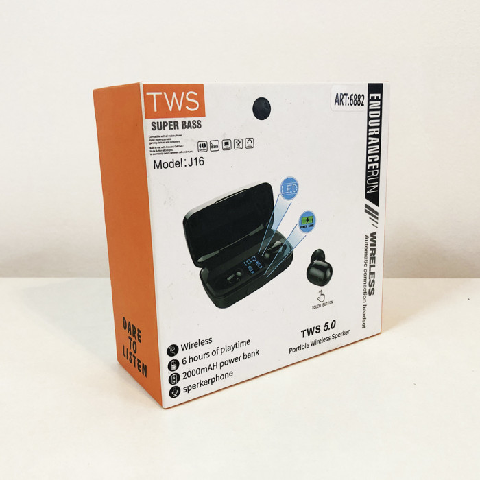 Bluetooth стерео навушники бездротові з боксом для зарядки Air J16 TWS Original. Колір чорний