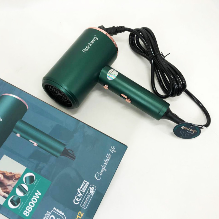 Фен Rainberg RB-2212 8800 W з регуляцією температури та швидкості для сушіння та укладання волосся. Колір: зелений