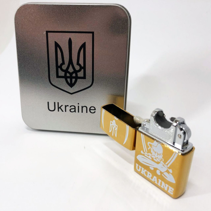 Дугова електроімпульсна запальничка USB Україна (металева коробка) HL-449. Колір: золотий