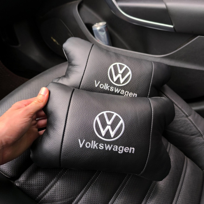 Набір подушок 2шт в авто Volkswagen з натуральної шкіри, на підголовник у машину, Автомобільна подушка