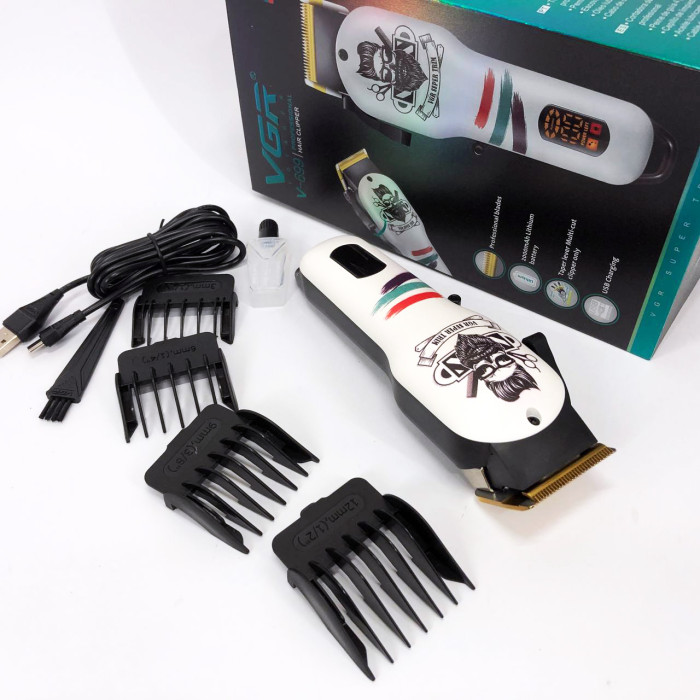 Машинка для стрижки волосся та бороди професійна VGR V-699 B з насадками та LED дисплеєм. Колір: білий