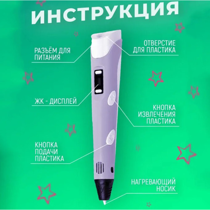 3D ручка Smart 3D Pen 2 c LCD дисплеєм, Ручка для об'ємного малювання, Дитяча 3д ручка. Колір: фіолетовий