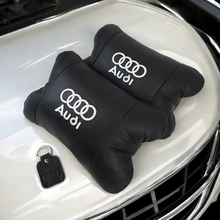 Набір автодушки 2шт на підголовник Audi / Ауді з натуральної шкіри чорна / Підголовник в машину