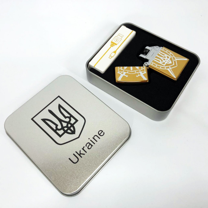 Дугова електроімпульсна запальничка USB Україна (металева коробка) HL-446. Колір: золотий