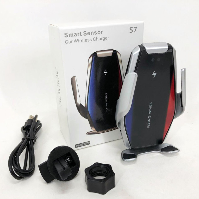 Автомобільний тримач S7 для телефону з бездротовим швидким заряджання flying wings. Колір: срібний