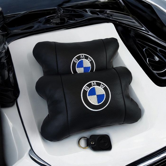 Авто подушки 2шт — набір BMW з натуральної шкіри, на підголівник у машину, Автомобільна подушка БМВ