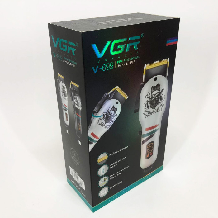 Машинка для стрижки волосся та бороди професійна VGR V-699 B з насадками та LED дисплеєм. Колір: білий