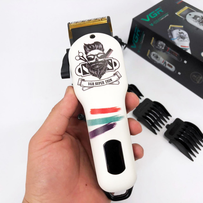 Машинка для стрижки волосся та бороди професійна VGR V-699 B з насадками та LED дисплеєм. Колір: білий