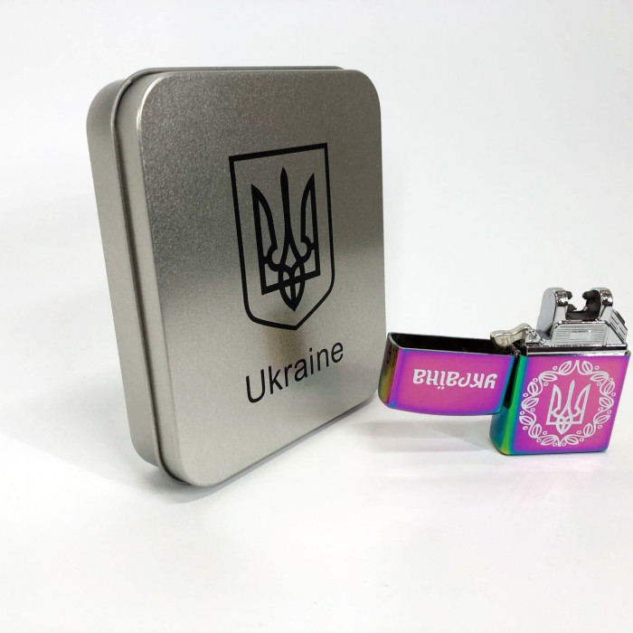 Дугова електроімпульсна запальничка USB Україна металева коробка HL-447. Колір: хамелеон