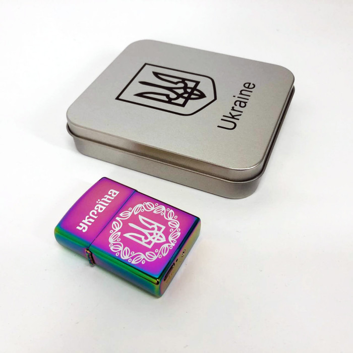 Дугова електроімпульсна запальничка USB Україна металева коробка HL-447. Колір: хамелеон