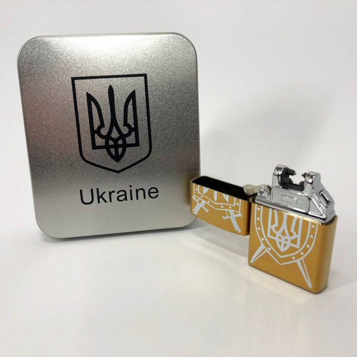 Дугова електроімпульсна запальничка USB Україна (металева коробка) HL-446. Колір: золотий