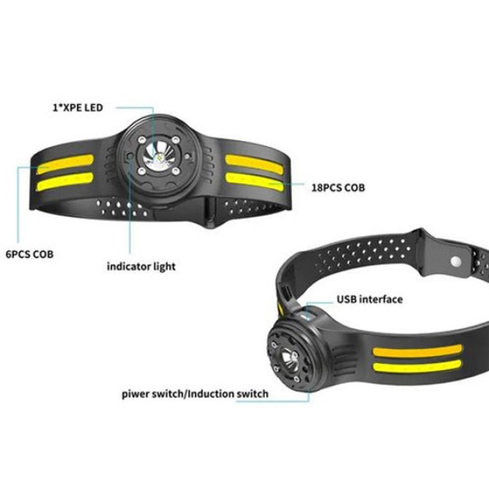 Ліхтар налобний T134-XPE-4COB (white+yellow+red) Motion Sensor, налобний ліхтарик із usb зарядкою