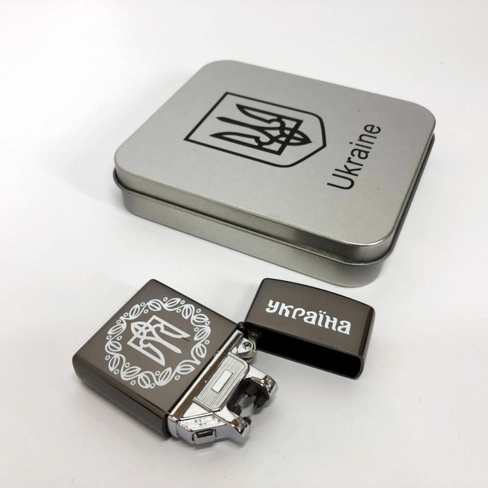 Дугова електроімпульсна запальничка USB Україна металева коробка HL-447. Колір: чорний