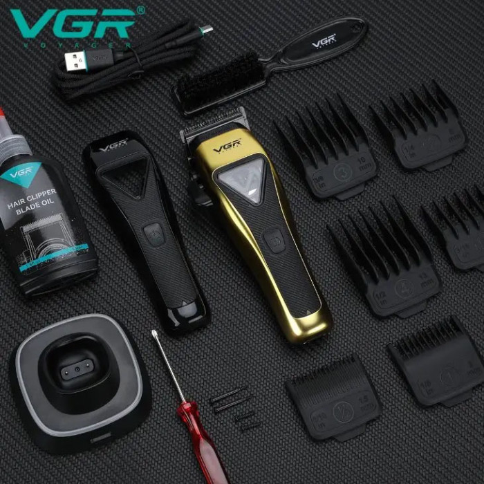 Машинка для стрижки VGR V-015 акумуляторна бездротова професійна 6 насадок