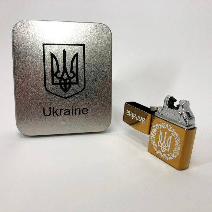 Дугова електроімпульсна USB Юсб запальничка Україна металева коробка HL-447. Колір: золотий