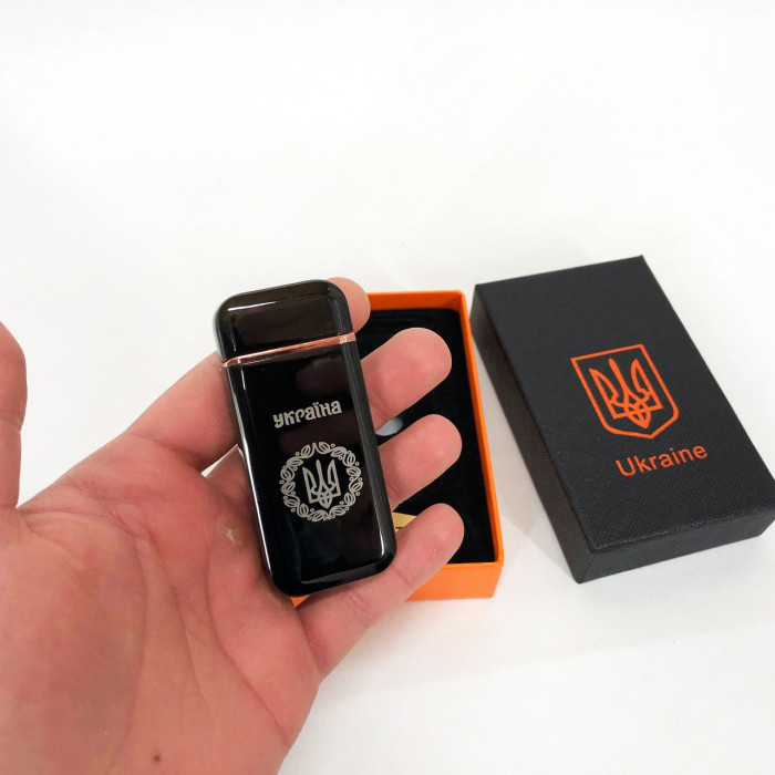 Дугова електроімпульсна запальничка USB Герб України (індикатор заряду, ліхтарик) HL-442. Колір чорний