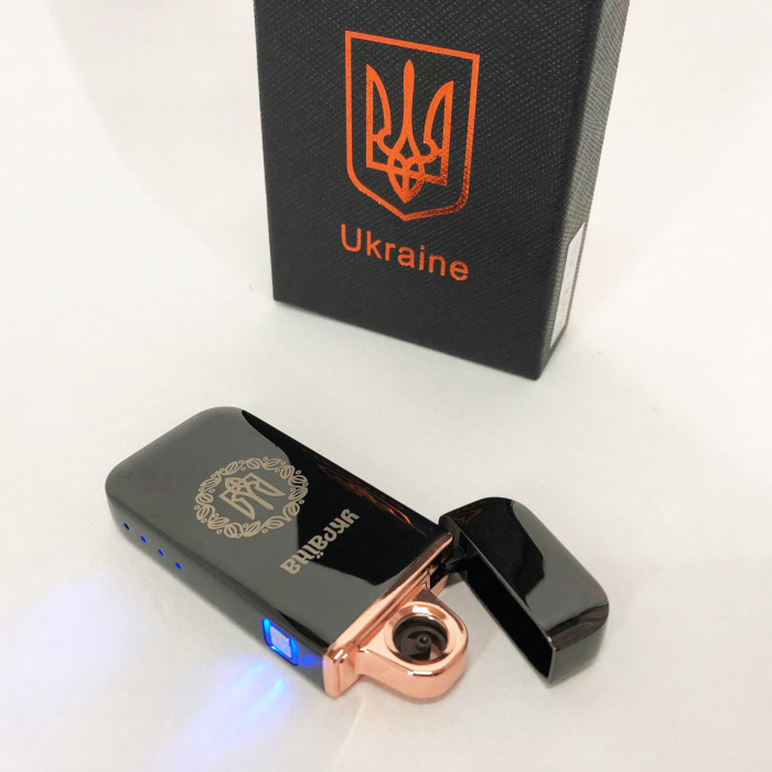 Дугова електроімпульсна запальничка USB Герб України (індикатор заряду, ліхтарик) HL-442. Колір чорний