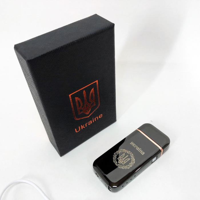 Дугова електроімпульсна запальничка USB Герб України (індикатор заряду, ліхтарик) HL-442. Колір чорний