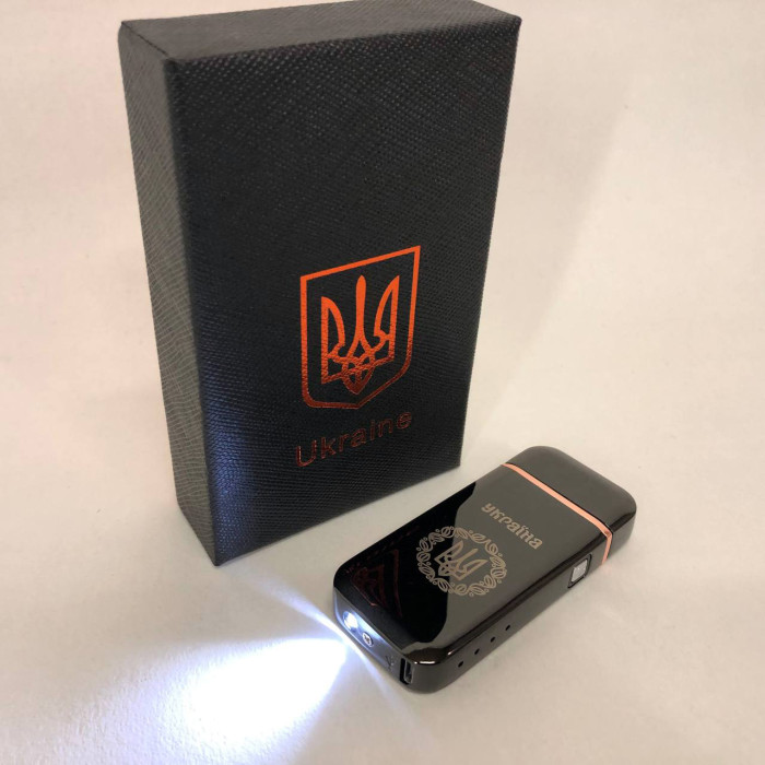 Дугова електроімпульсна запальничка USB Герб України (індикатор заряду, ліхтарик) HL-442. Колір чорний