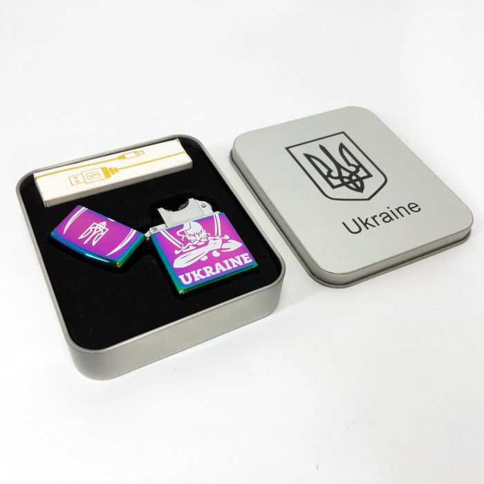 Дугова електроімпульсна запальничка USB Україна (металева коробка) HL-449. Колір: хамелеон