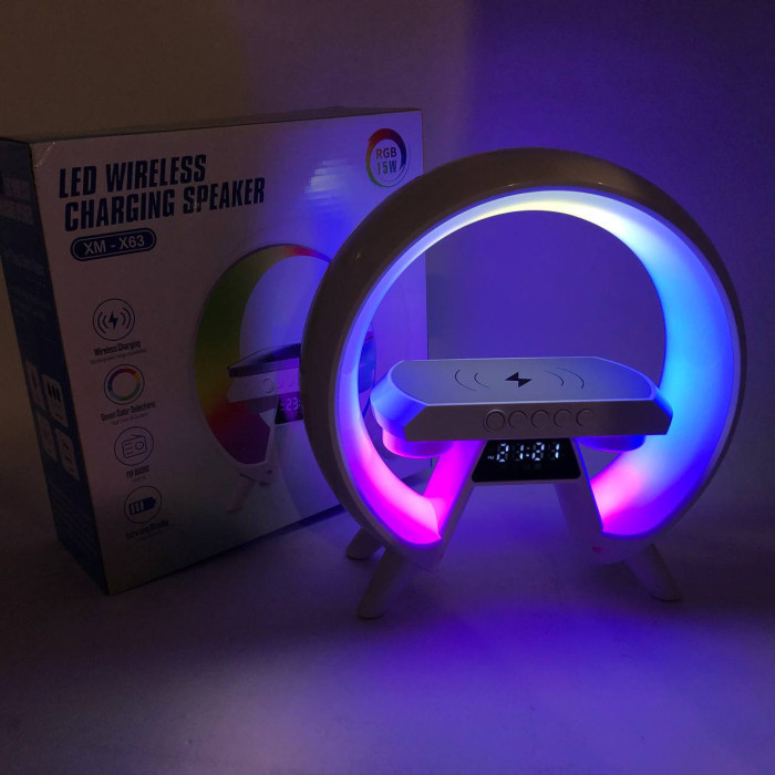 LED Лампа нічник з бездротовою зарядкою та Bluetooth динаміком G-Lite XM-X63, Годинник хамелеон з будильник