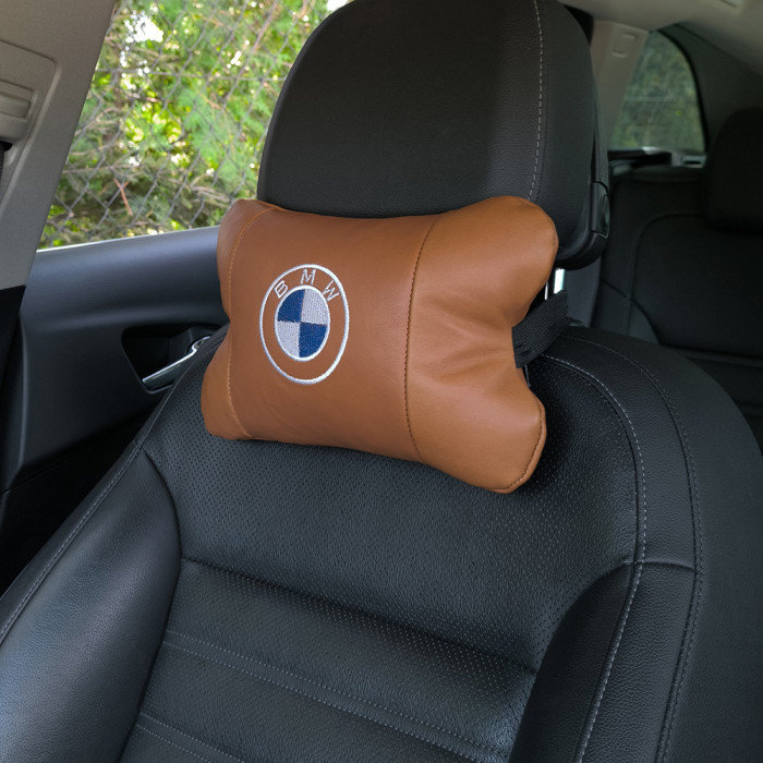 Комплект автоподушок 2шт з натуральної коричневої шкіри для BMW. Ортопедична подушка в авто БМВ