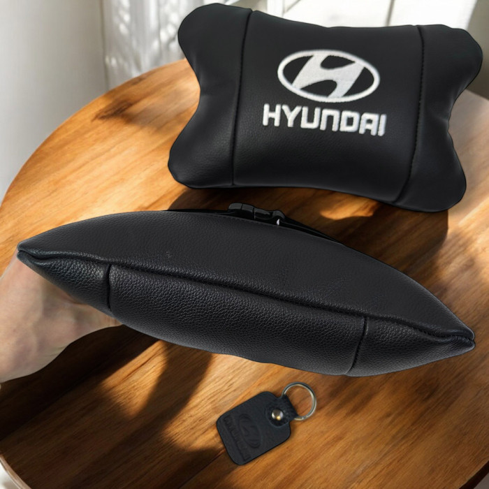 Набір подушок для авто Hyundai 2шт, натуральна шкіра, чорний колір, комфортні підголовники в автомобіль