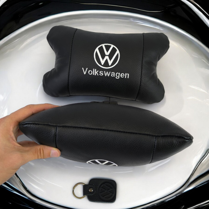 Набір подушок 2шт в авто Volkswagen з натуральної шкіри, на підголовник у машину, Автомобільна подушка