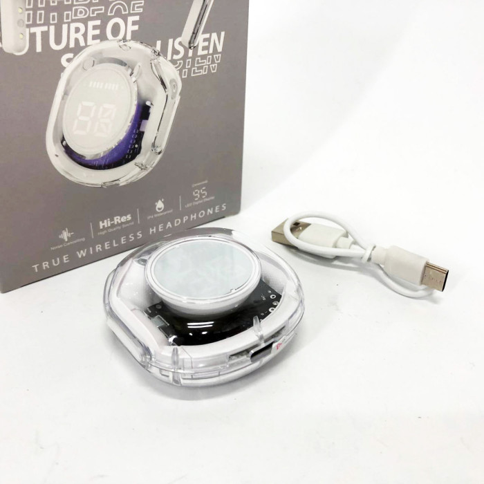 Бездротові навушники TWS T8 PRO з прозорим кейсом Вакуумний LED дисплей Bluetooth 5.3. Колір: білий