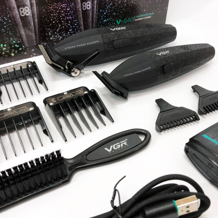 Професійний набір для стрижки волосся VGR V-640 акумуляторний Barber Combo PREMIUM. Колір: чорний
